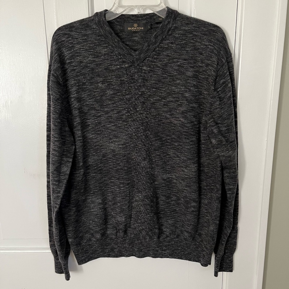 Bugatchi UOMO 100% Italian Merino Wool Heathered Charcoal V Neck Sweater Mens L